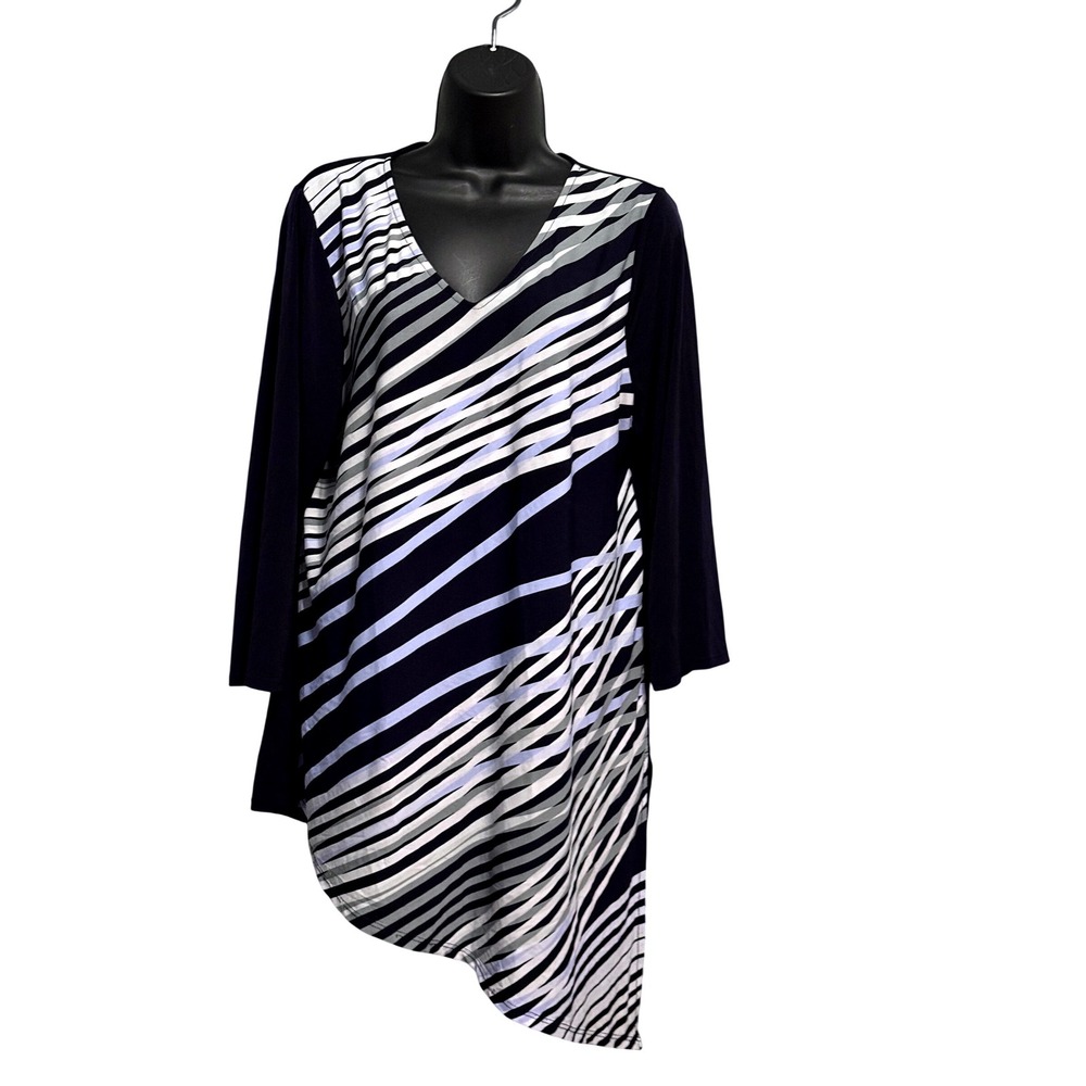 Easywear by Chicos Navy Blue Striped Asymmetrical V-Neck Tunic Top Size 2
